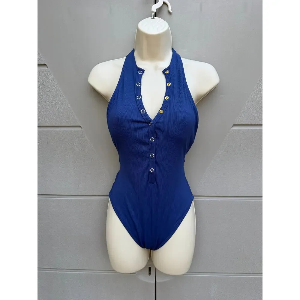 Robin Piccone Amy Blue Halter One Piece Swimsuit Snap Front Open Back Sz 6 Beach
